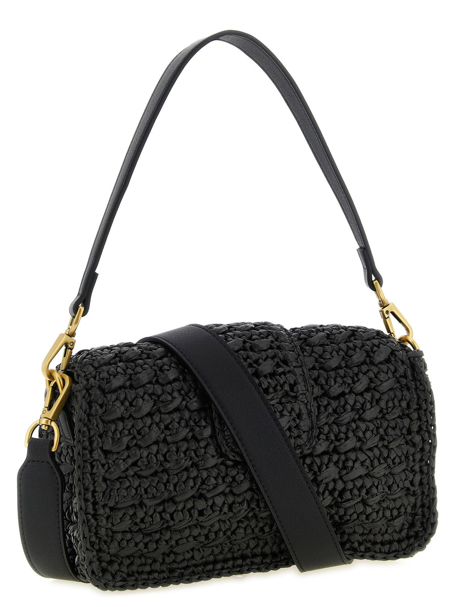 Twin Set Handwoven Raffia Crossbody Bag Black With Magnetic Flap Closure