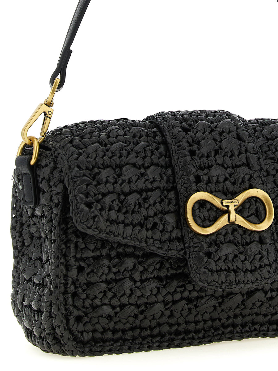 Twin Set Handwoven Raffia Crossbody Bag Black With Magnetic Flap Closure