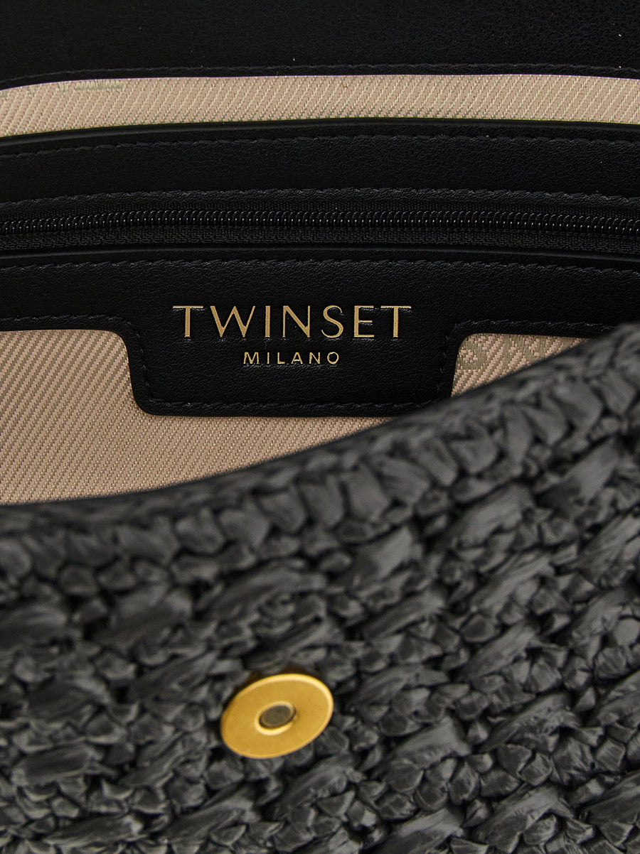 Twin Set Handwoven Raffia Crossbody Bag Black With Magnetic Flap Closure