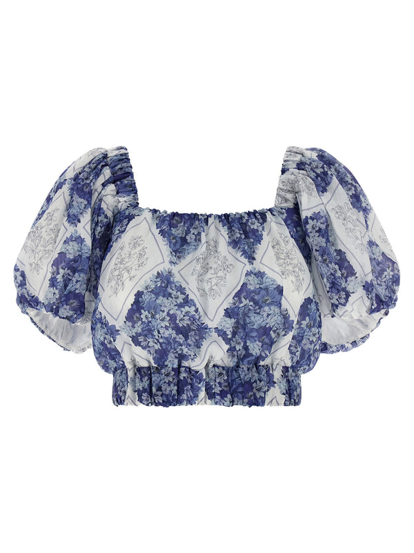 Twin Set Cropped Blouse for Women Lightweight Blue Ramie Top with Floral Lozenge Print Chic Summer Style