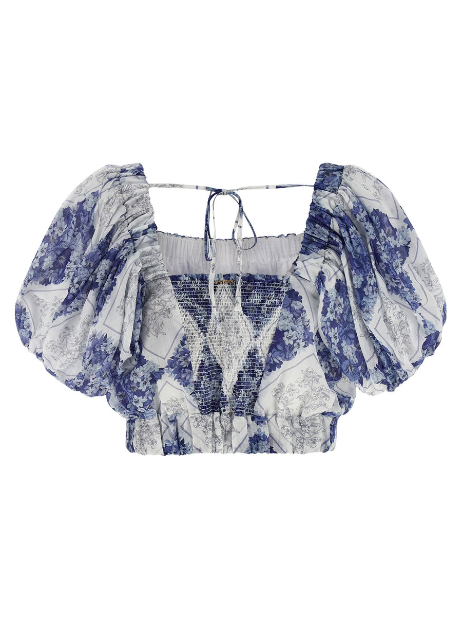 Twin Set Cropped Blouse for Women Lightweight Blue Ramie Top with Floral Lozenge Print Chic Summer Style