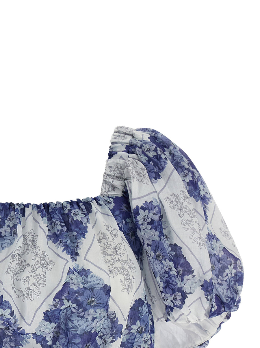 Twin Set Cropped Blouse for Women Lightweight Blue Ramie Top with Floral Lozenge Print Chic Summer Style