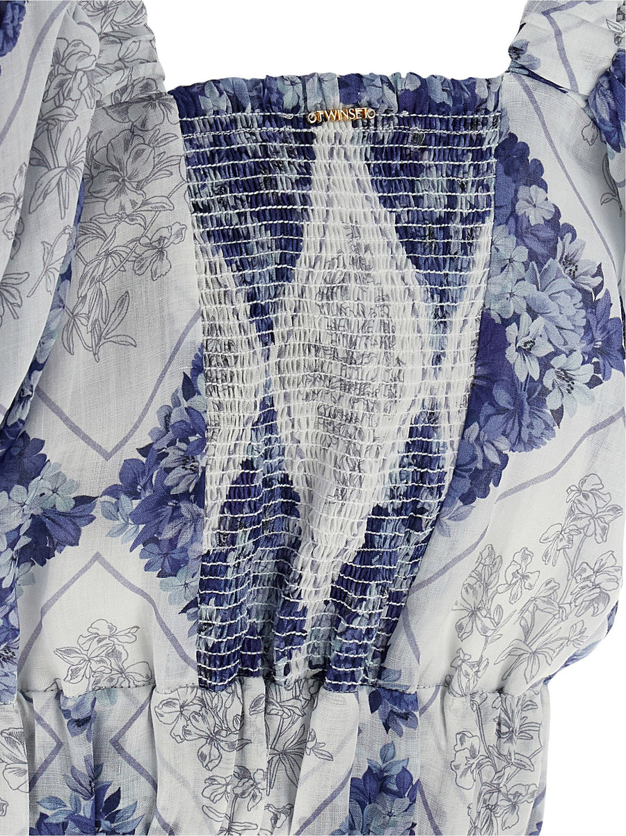 Twin Set Cropped Blouse for Women Lightweight Blue Ramie Top with Floral Lozenge Print Chic Summer Style