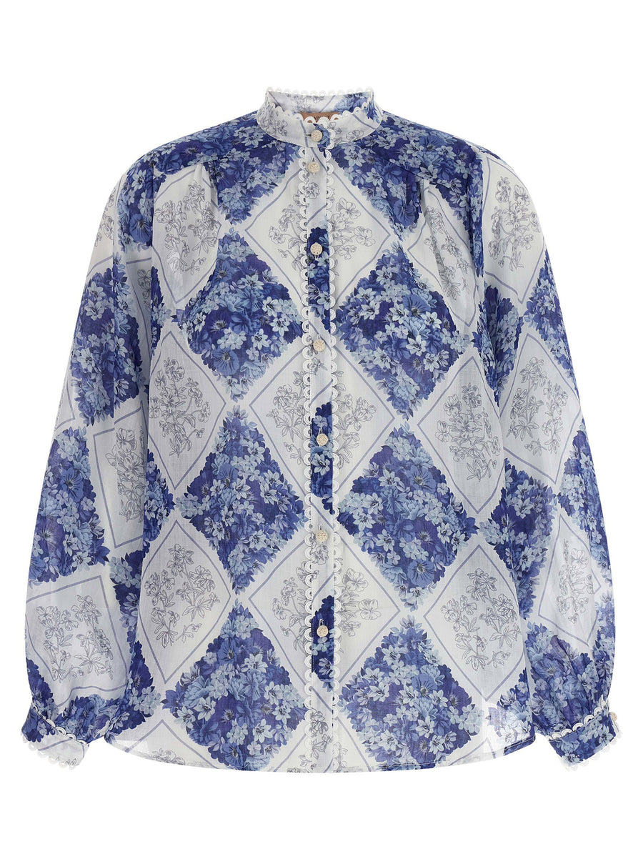 Twin Set Ramie Shirt For Women Luxurious Floral Lozenge Print Balloon Sleeves Office Ready Versatile
