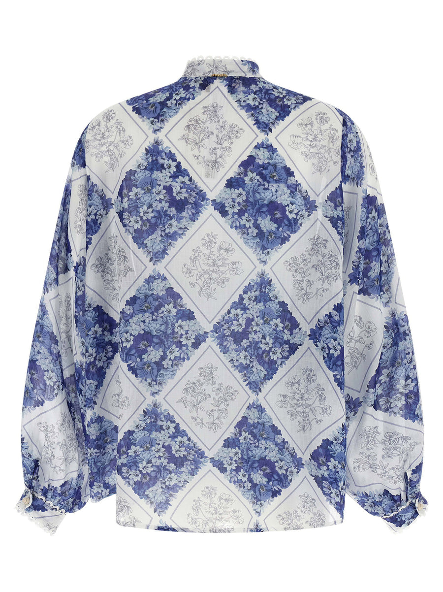 Twin Set Ramie Shirt For Women Luxurious Floral Lozenge Print Balloon Sleeves Office Ready Versatile