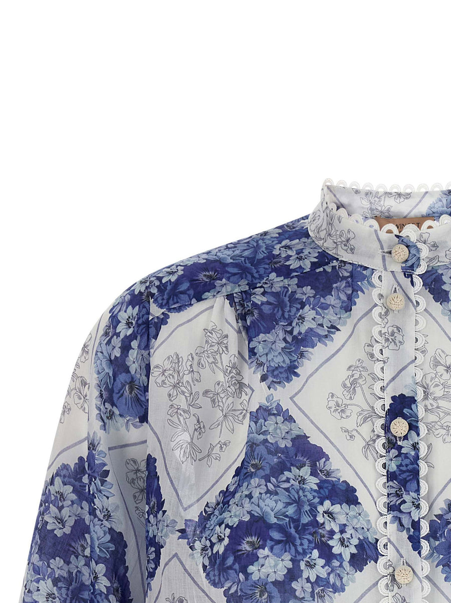 Twin Set Ramie Shirt For Women Luxurious Floral Lozenge Print Balloon Sleeves Office Ready Versatile