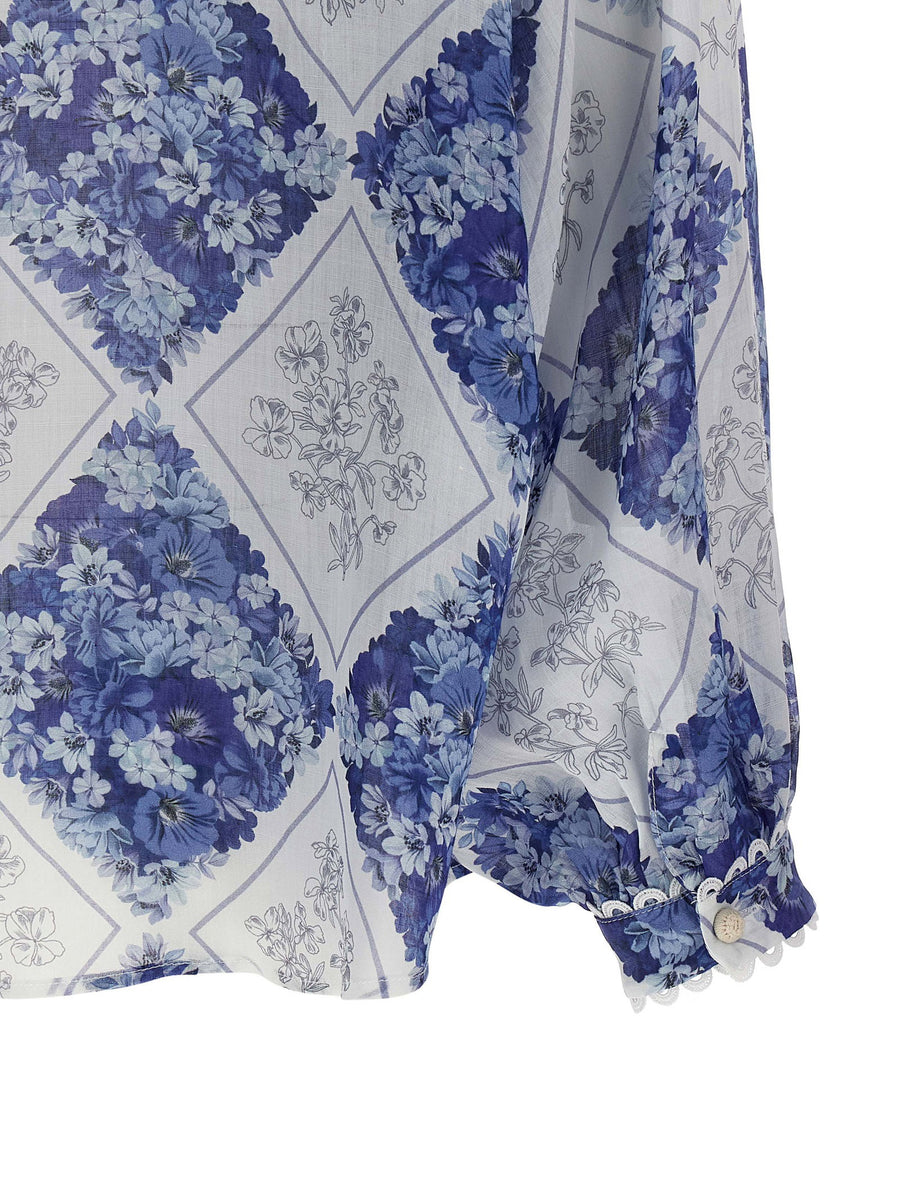 Twin Set Ramie Shirt For Women Luxurious Floral Lozenge Print Balloon Sleeves Office Ready Versatile