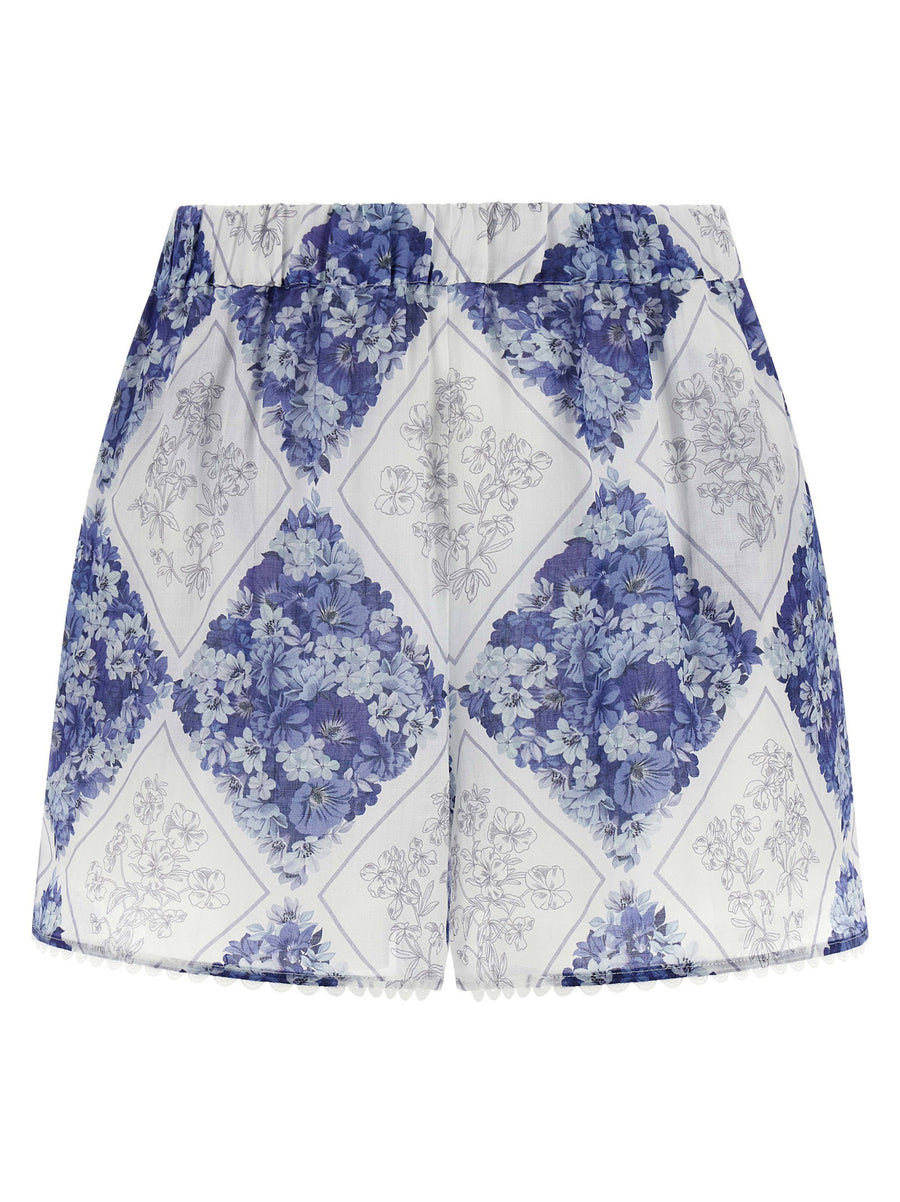 Twin Set Ramie Shorts for Women Lightweight Floral Lozenge Print With Elastic Waistband And Pockets