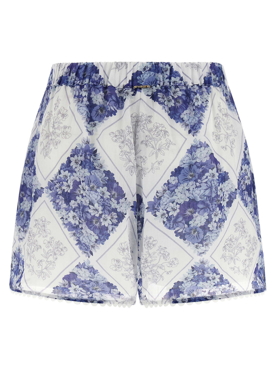 Twin Set Ramie Shorts for Women Lightweight Floral Lozenge Print With Elastic Waistband And Pockets