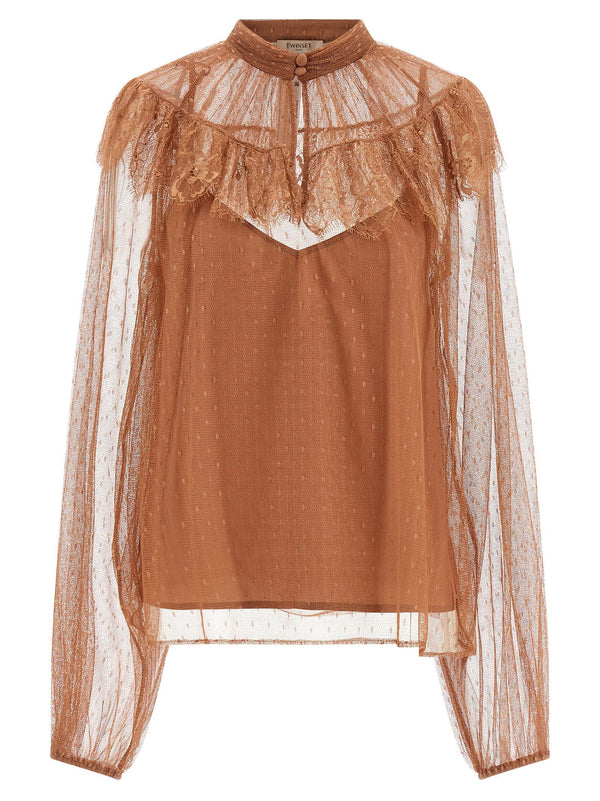 Twin Set Tulle Plumetis Blouse For Women High Neck Semi Transparent Scalloped Lace Flounce Removable Straps