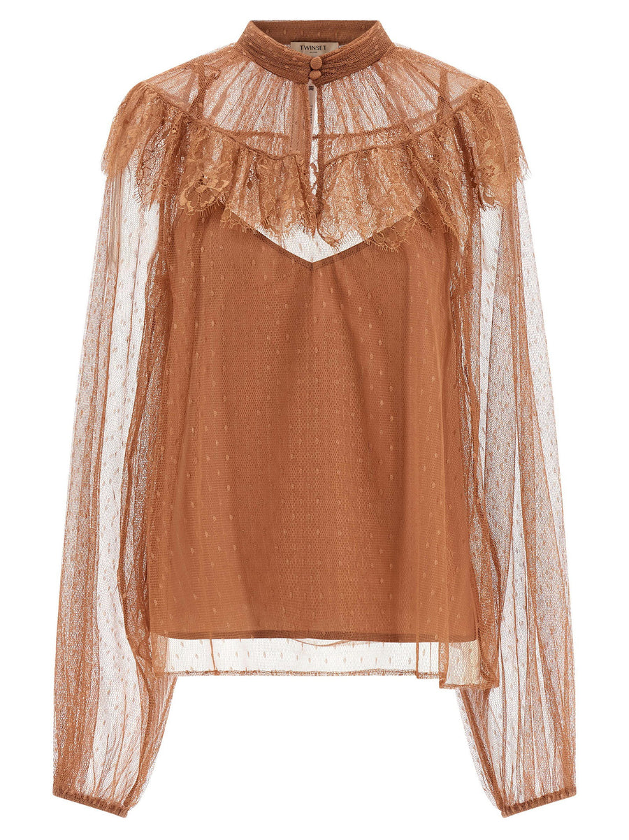 Twin Set Tulle Plumetis Blouse For Women High Neck Semi Transparent Scalloped Lace Flounce Removable Straps