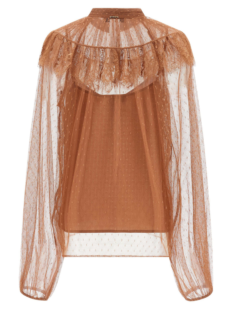Twin Set Tulle Plumetis Blouse For Women High Neck Semi Transparent Scalloped Lace Flounce Removable Straps