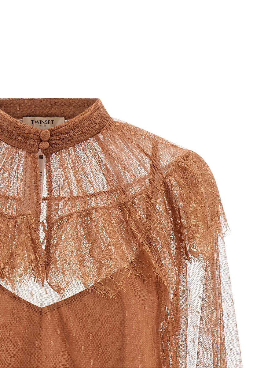 Twin Set Tulle Plumetis Blouse For Women High Neck Semi Transparent Scalloped Lace Flounce Removable Straps