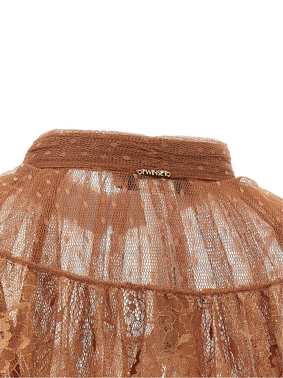 Twin Set Tulle Plumetis Blouse For Women High Neck Semi Transparent Scalloped Lace Flounce Removable Straps