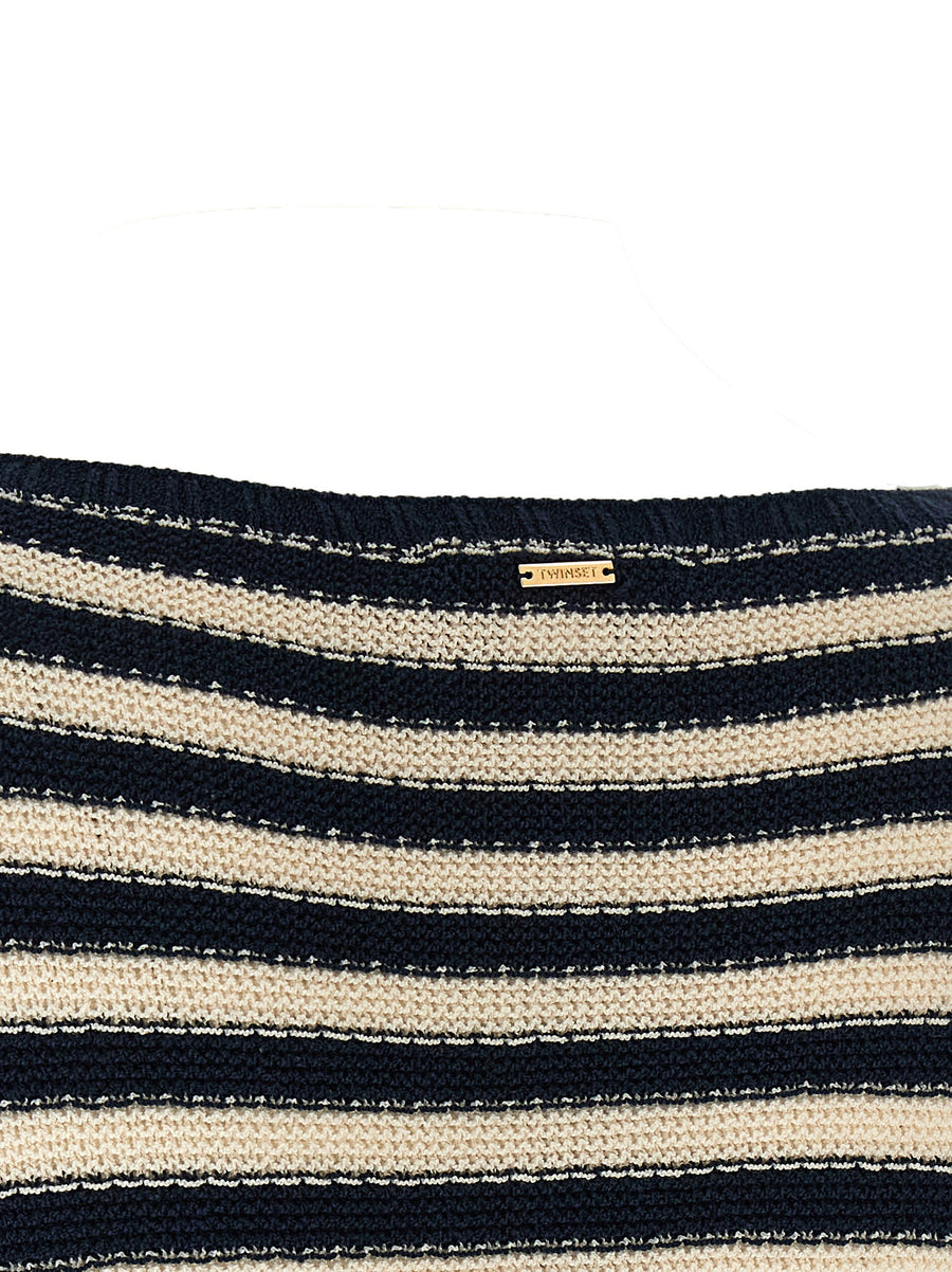 Twin Set Striped Knit Sweater For Women, Multicolor Cotton Blend, Stretchy Warmth, Effortless Casual Elegance