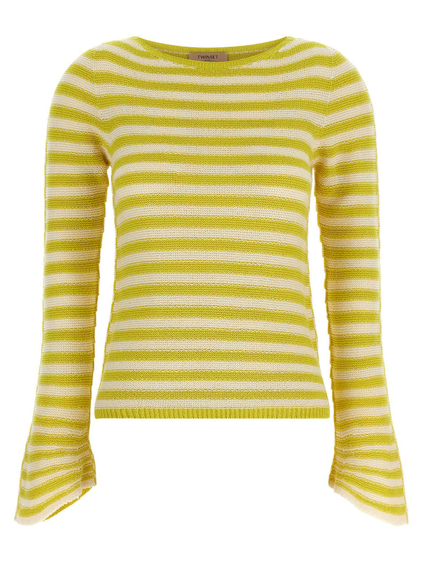 Twin Set Striped Cotton Blend Sweater With Crew Neck For Women Flared Sleeves Lightweight Spring Summer