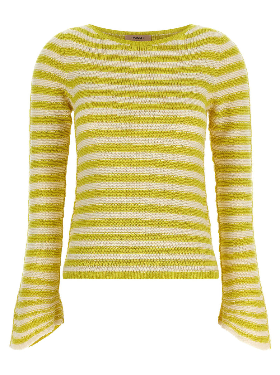 Twin Set Striped Cotton Blend Sweater With Crew Neck For Women Flared Sleeves Lightweight Spring Summer