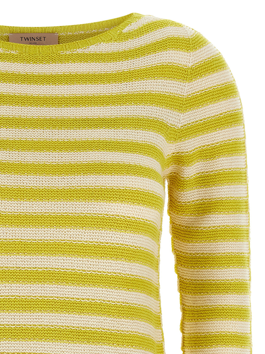 Twin Set Striped Cotton Blend Sweater With Crew Neck For Women Flared Sleeves Lightweight Spring Summer