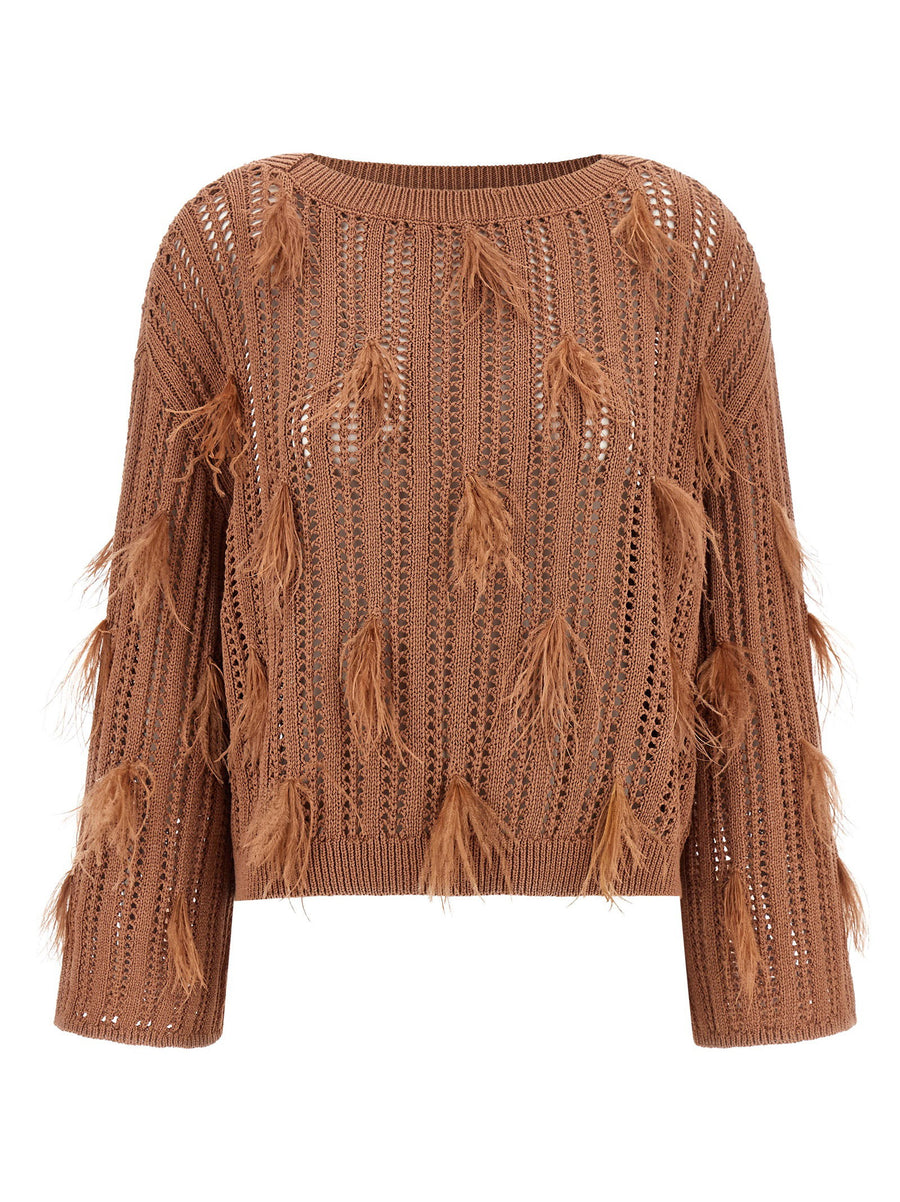 Twin Set Ostrich Feather Sweater For Women With Perforated Knit And Feather Detail