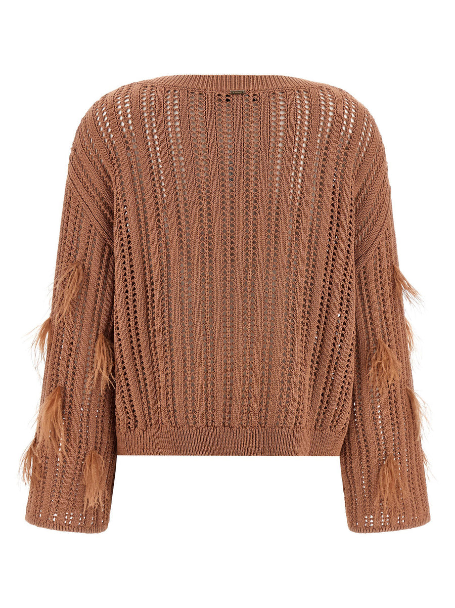 Twin Set Ostrich Feather Sweater For Women With Perforated Knit And Feather Detail