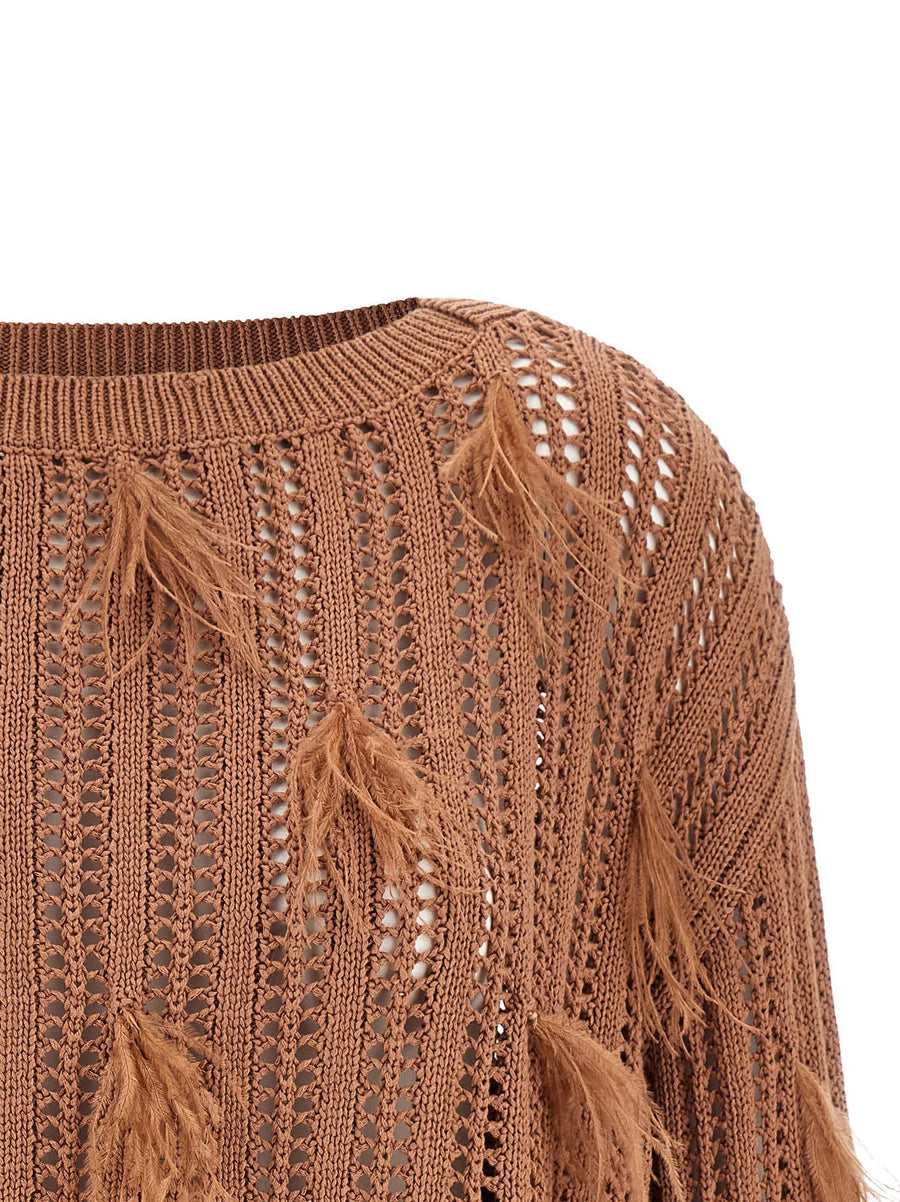 Twin Set Ostrich Feather Sweater For Women With Perforated Knit And Feather Detail