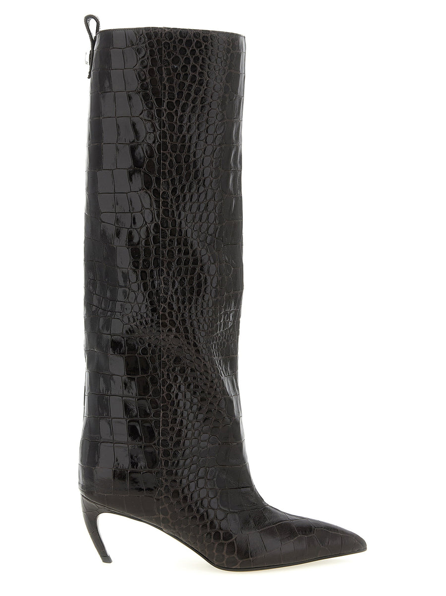 The Attico Lea Knee Length Boots Brown Crocodile Glossy Leather 6.5 CM Heel