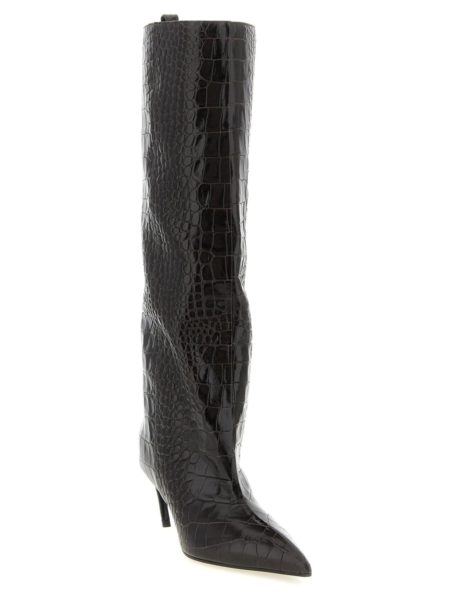 The Attico Lea Knee Length Boots Brown Crocodile Glossy Leather 6.5 CM Heel