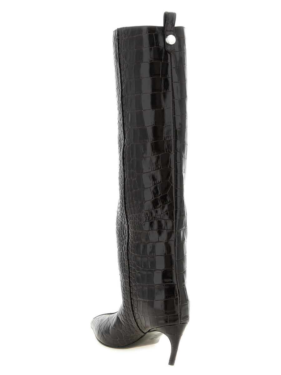 The Attico Lea Knee Length Boots Brown Crocodile Glossy Leather 6.5 CM Heel