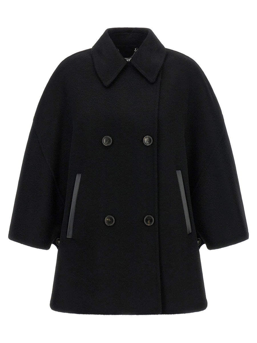 Max Mara Mxaospite Black Cashmere Cape Jacket With Hood And Double Breasted
