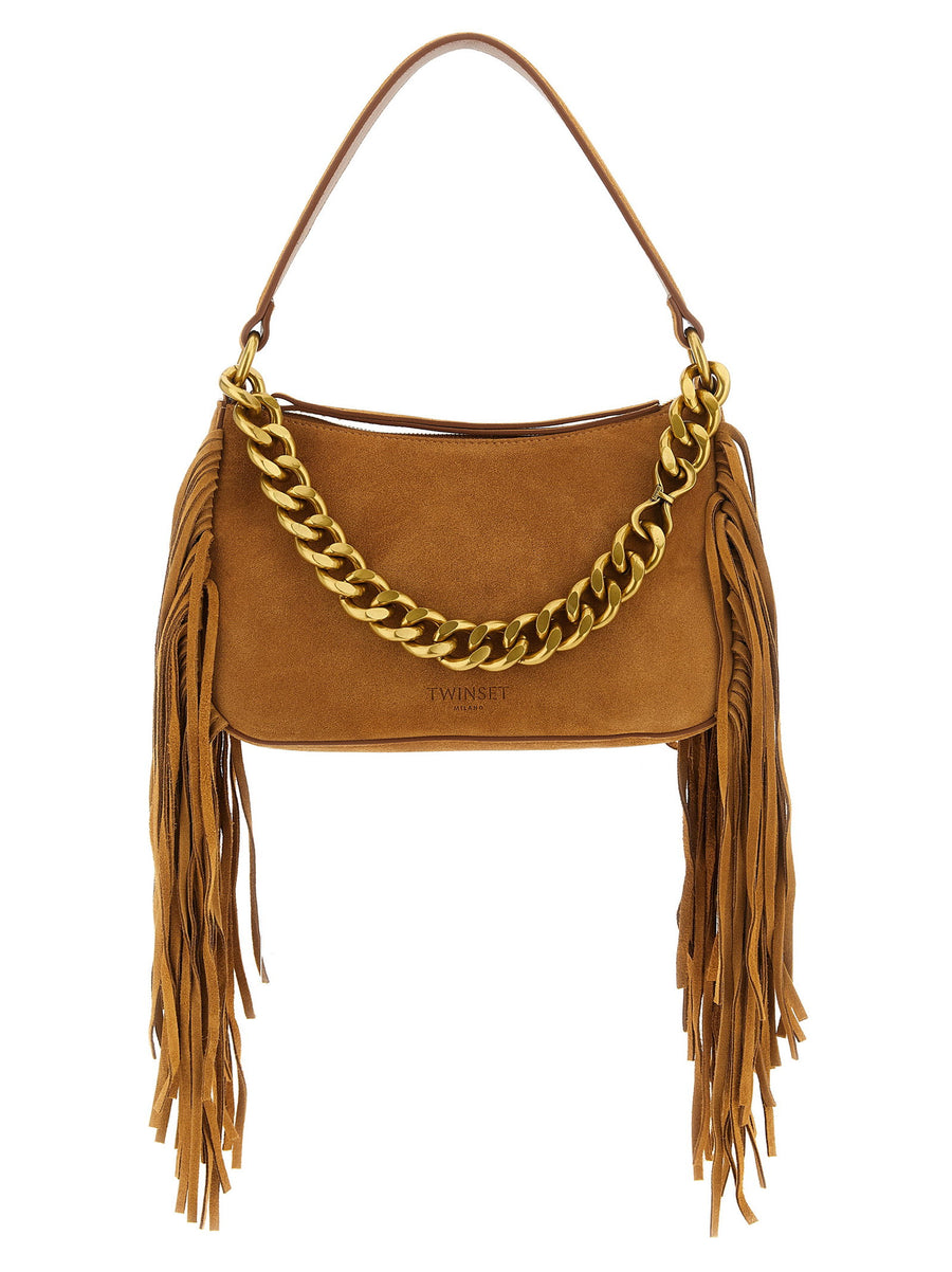 Twin Set Liliane Brown Leather Suede Medium Shoulder Bag With Fringes Chain