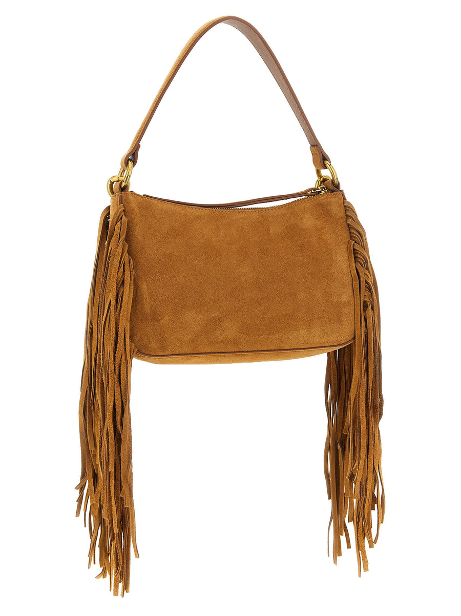 Twin Set Liliane Brown Leather Suede Medium Shoulder Bag With Fringes Chain