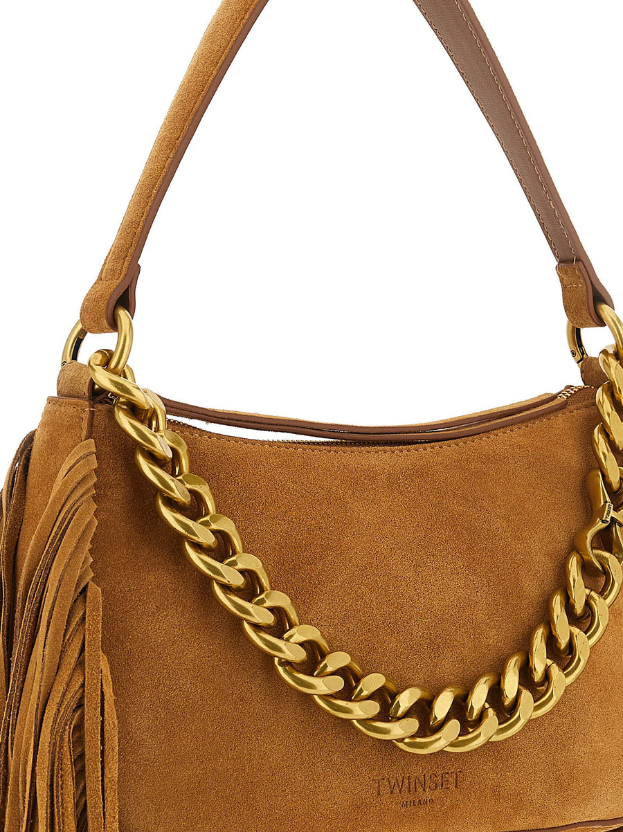 Twin Set Liliane Brown Leather Suede Medium Shoulder Bag With Fringes Chain