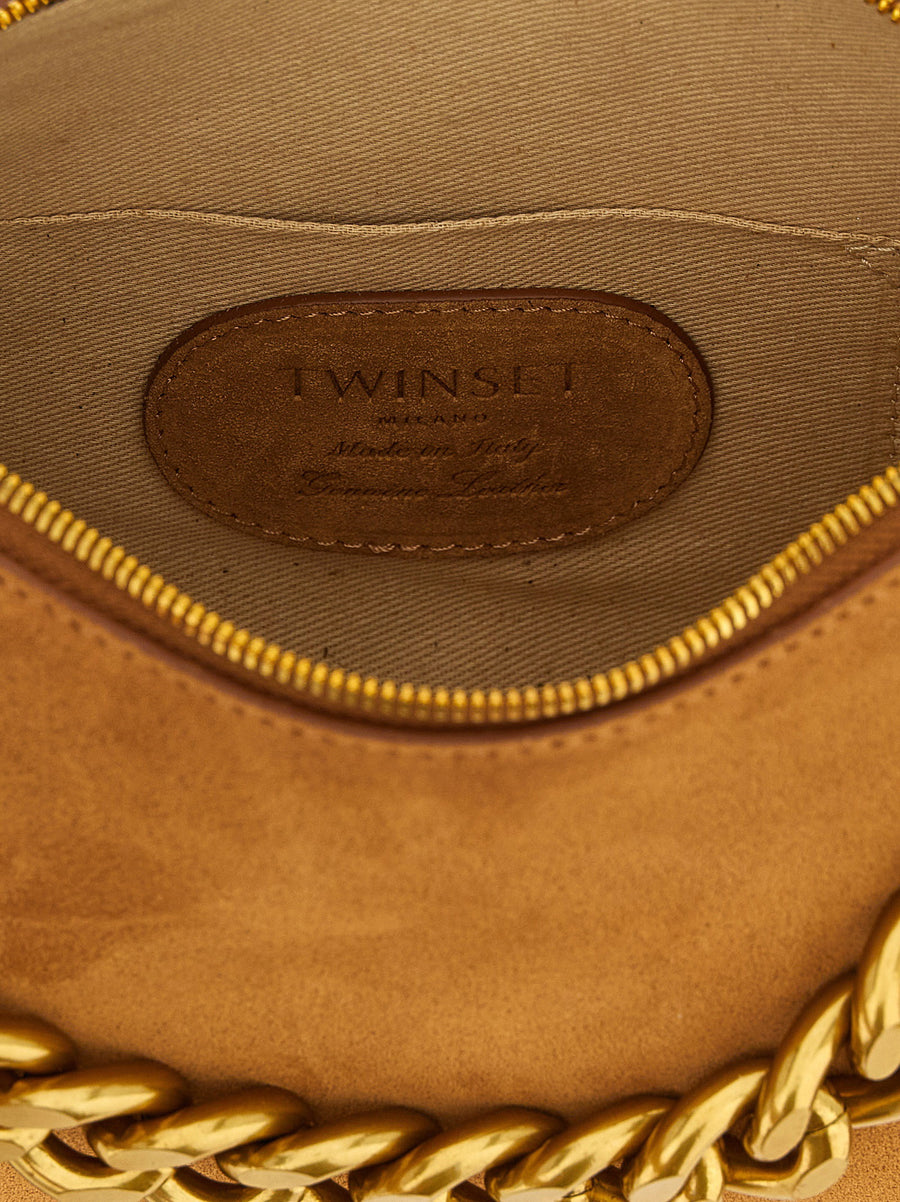 Twin Set Liliane Brown Leather Suede Medium Shoulder Bag With Fringes Chain