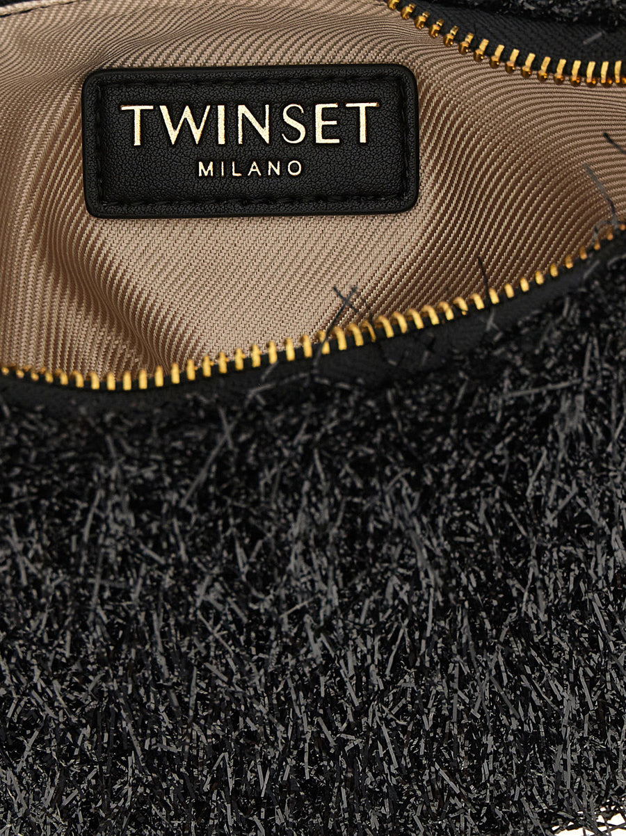 Twin Set Mini Croissant Handbag Black Polyester Crescent Shape Gold Plated Chain