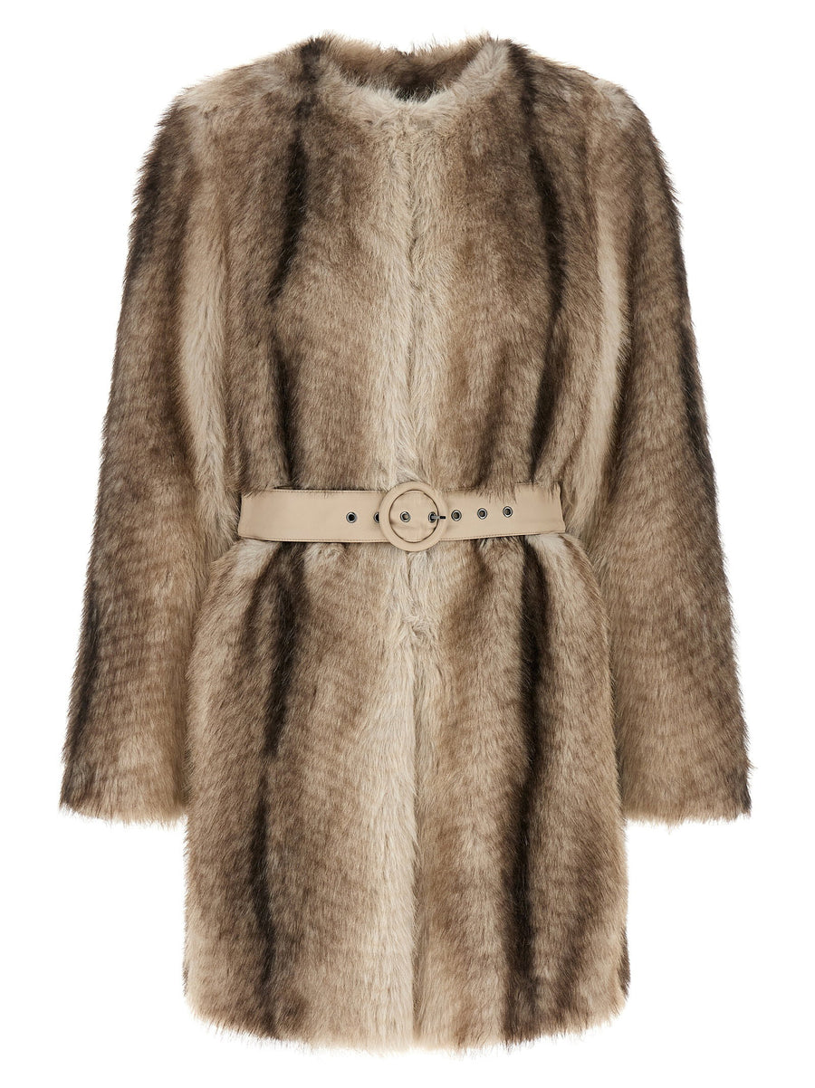 Twin Set Eco Fur Coat Beige Brown Gradient Long Pile Polyester