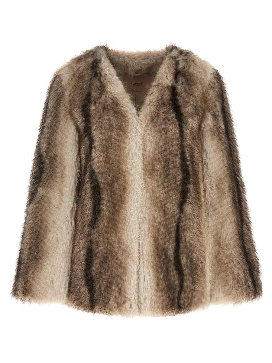 Twin Set Cape Jacket Brown Long Haired Eco Fur V Neck