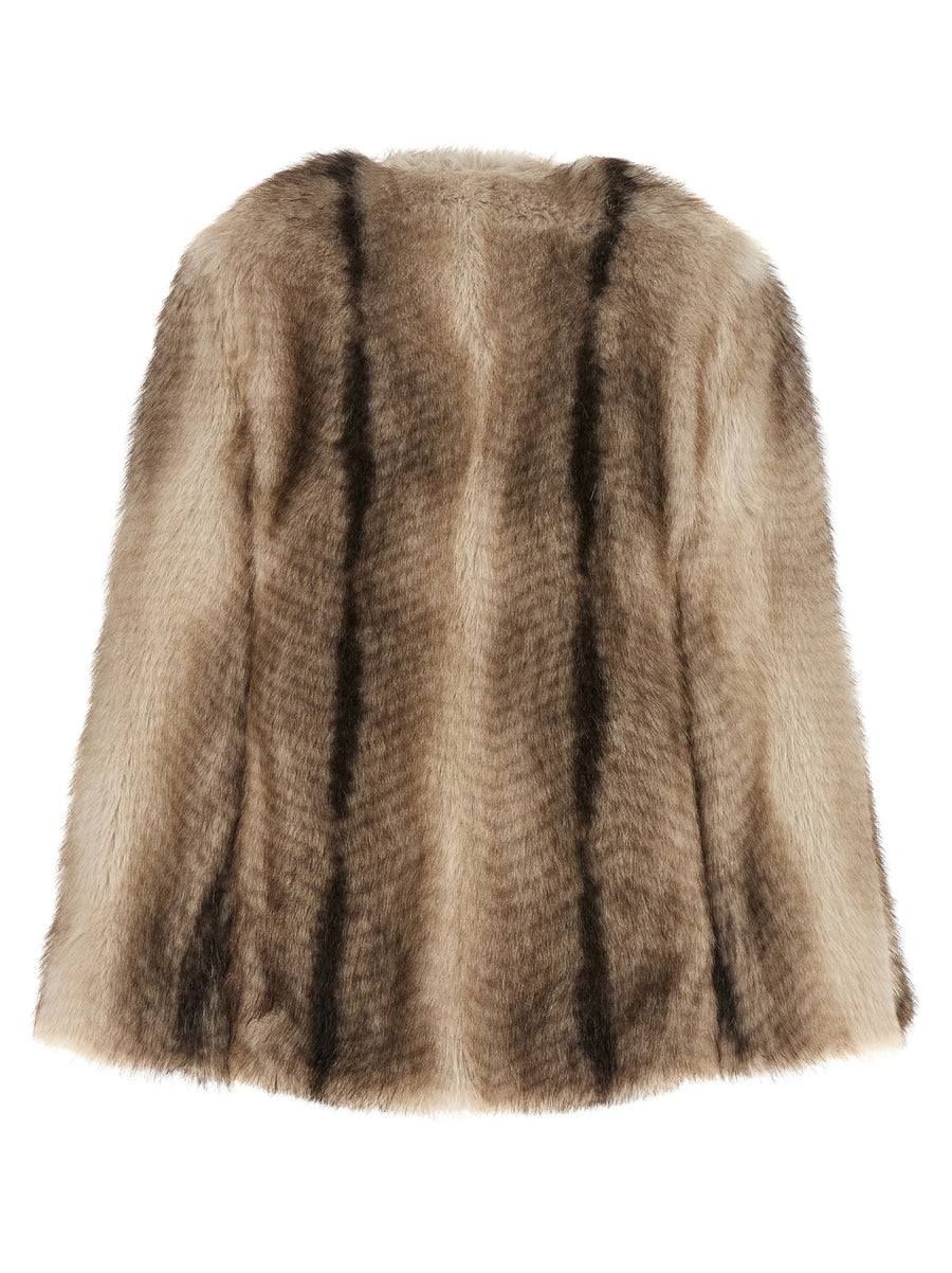 Twin Set Cape Jacket Brown Long Haired Eco Fur V Neck