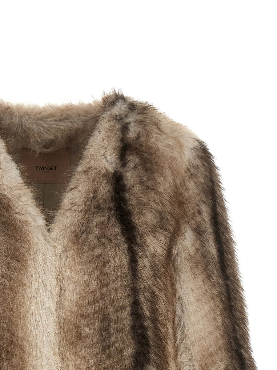 Twin Set Cape Jacket Brown Long Haired Eco Fur V Neck