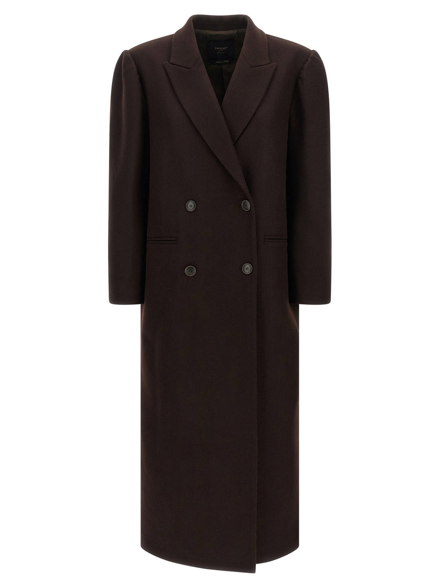 Twin Set Brown Long Double Breasted Wool Blend Coat For Women