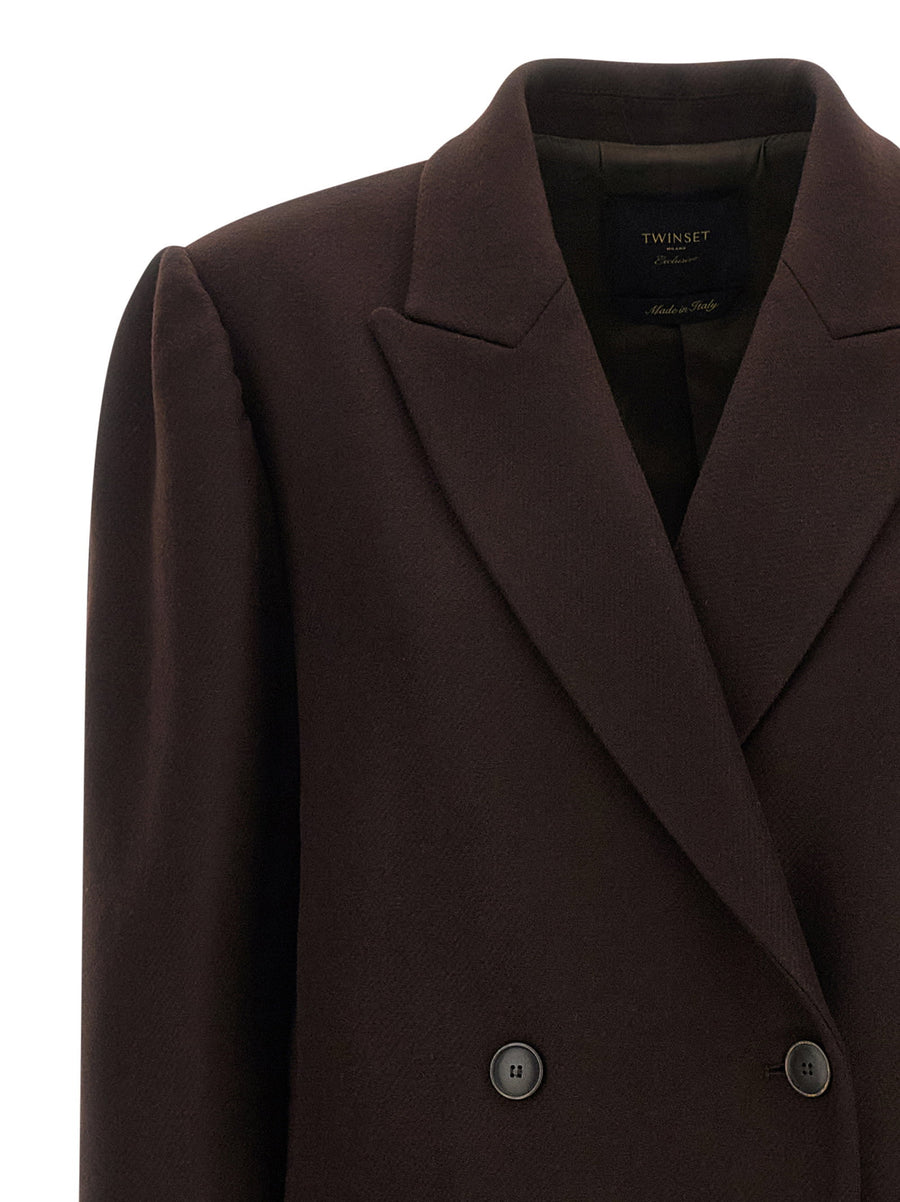 Twin Set Brown Long Double Breasted Wool Blend Coat For Women