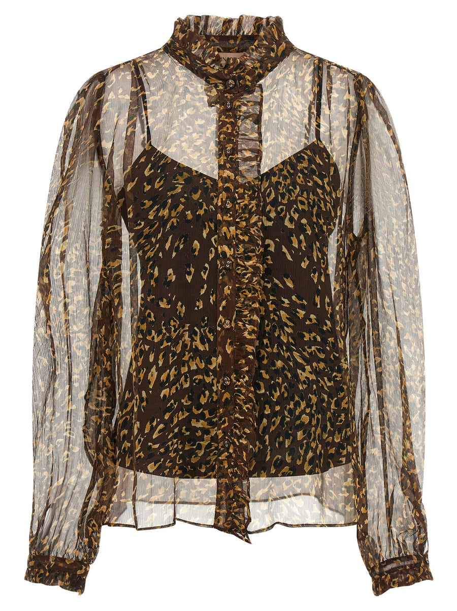 Twin Set Brown Animal Print Polyester Shirt Front Button Closure
