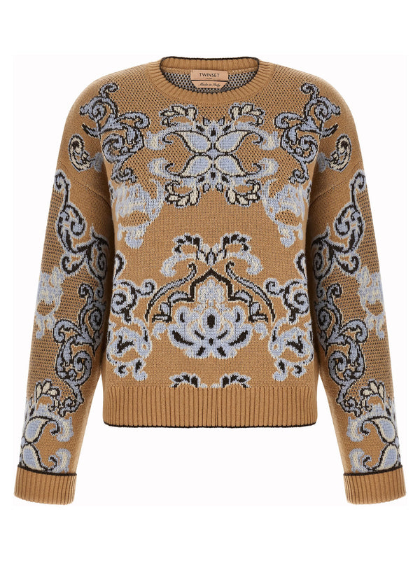 Twin Set Tapestry Inspired Jacquard Wool Blend Crew Neck Sweater For Women Brown