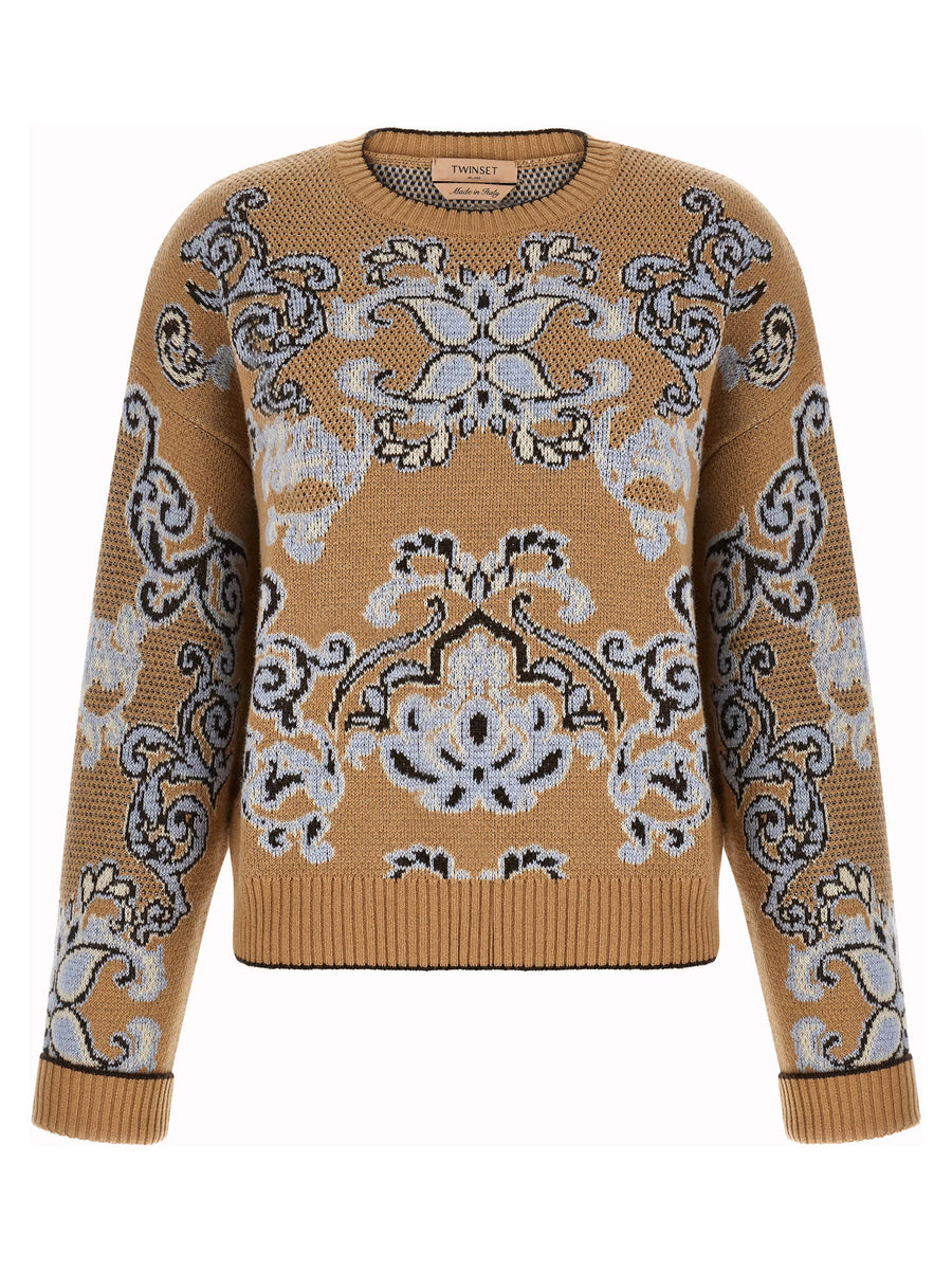Twin Set Tapestry Inspired Jacquard Wool Blend Crew Neck Sweater For Women Brown