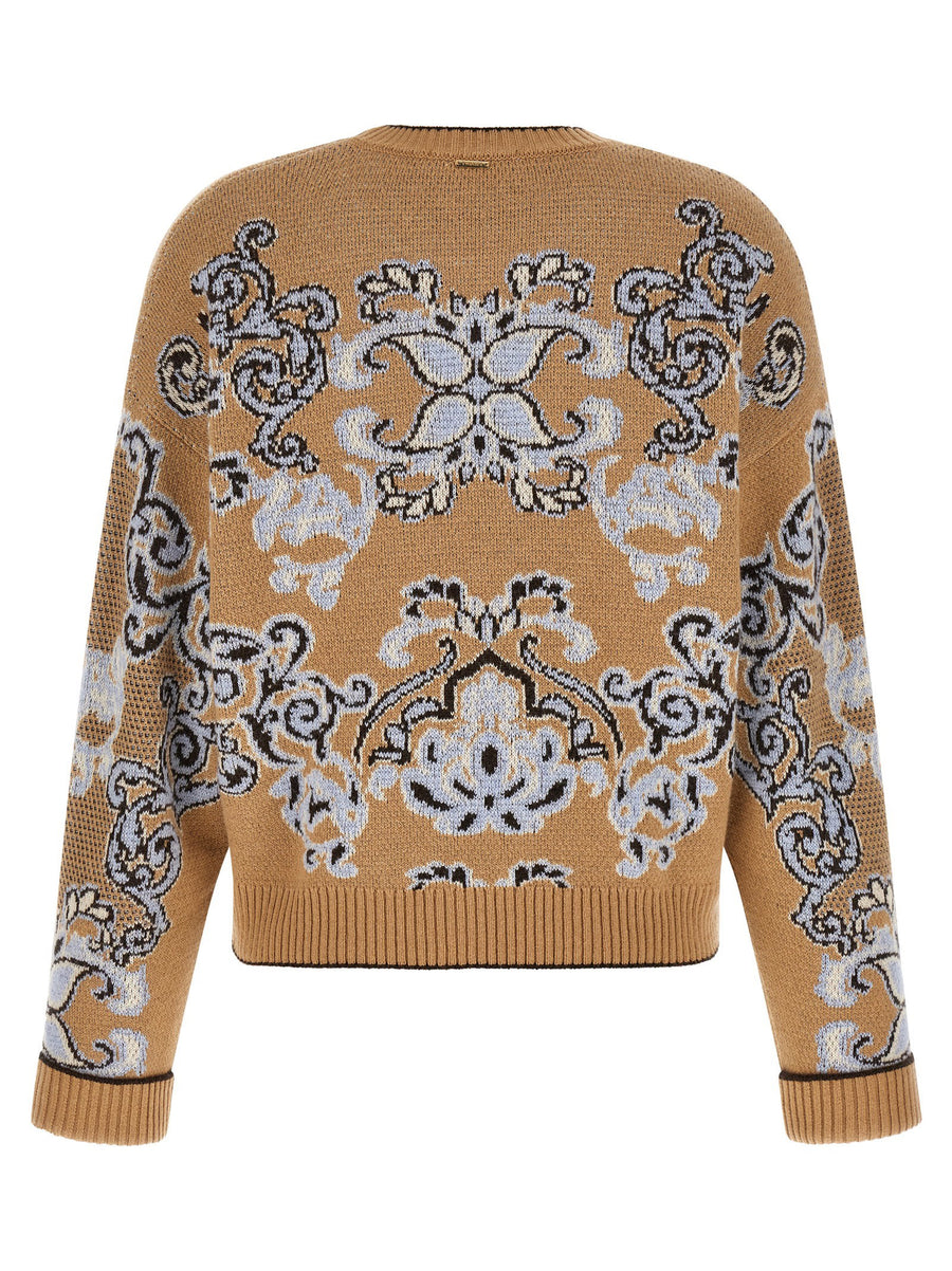 Twin Set Tapestry Inspired Jacquard Wool Blend Crew Neck Sweater For Women Brown