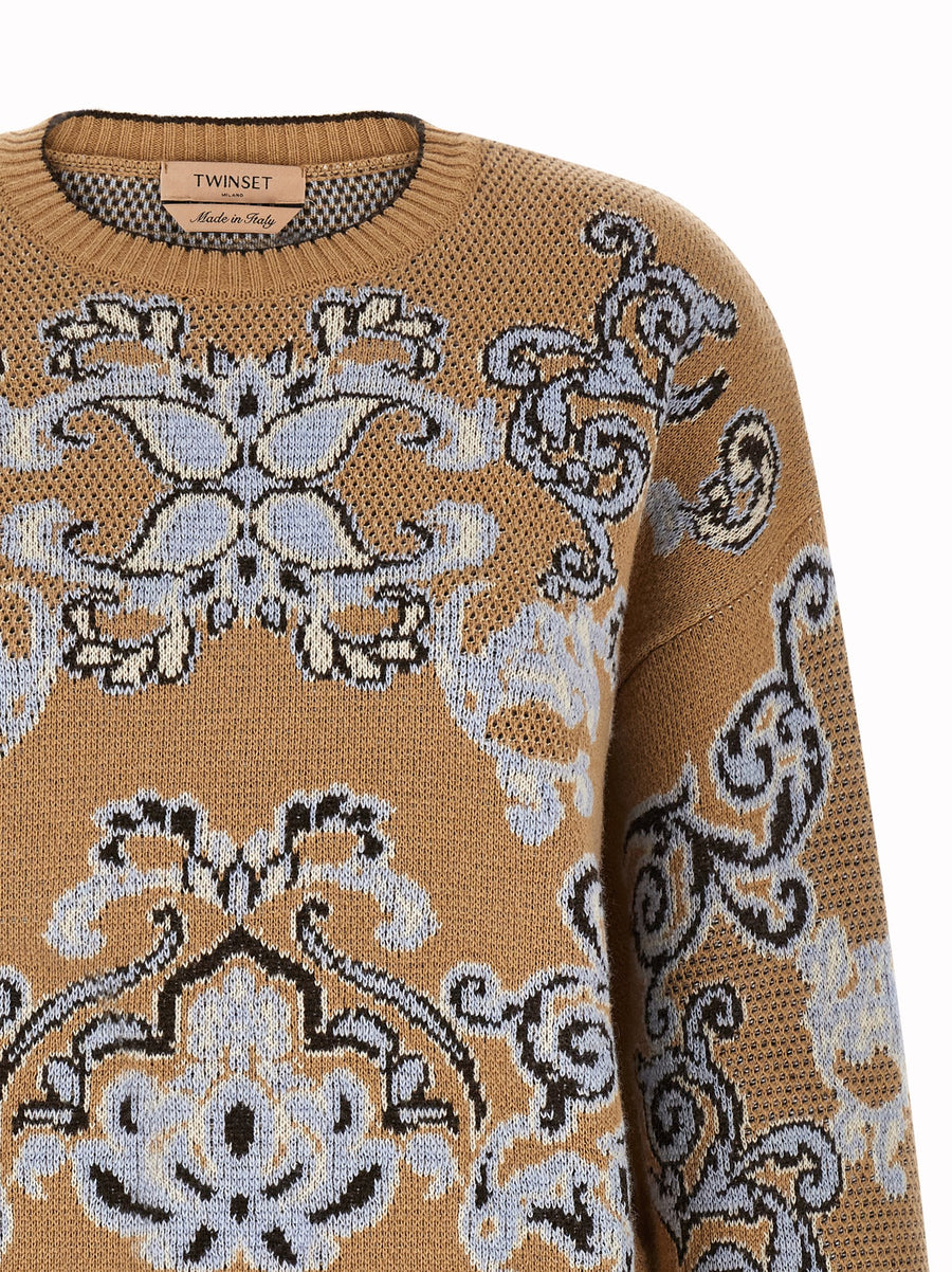 Twin Set Tapestry Inspired Jacquard Wool Blend Crew Neck Sweater For Women Brown