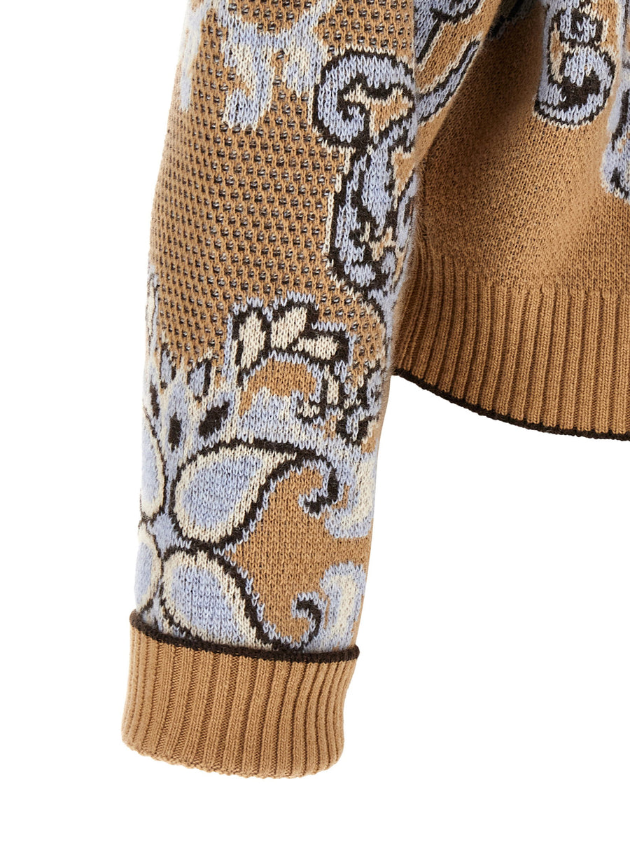 Twin Set Tapestry Inspired Jacquard Wool Blend Crew Neck Sweater For Women Brown