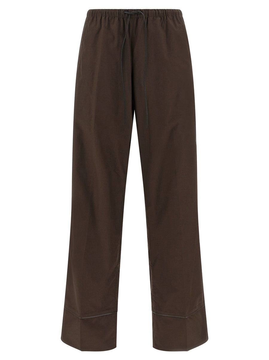 Yves Salomon Leather Insert Pants For Women Featuring Perforated Leather Side Inserts In Brown Cotton Poplin