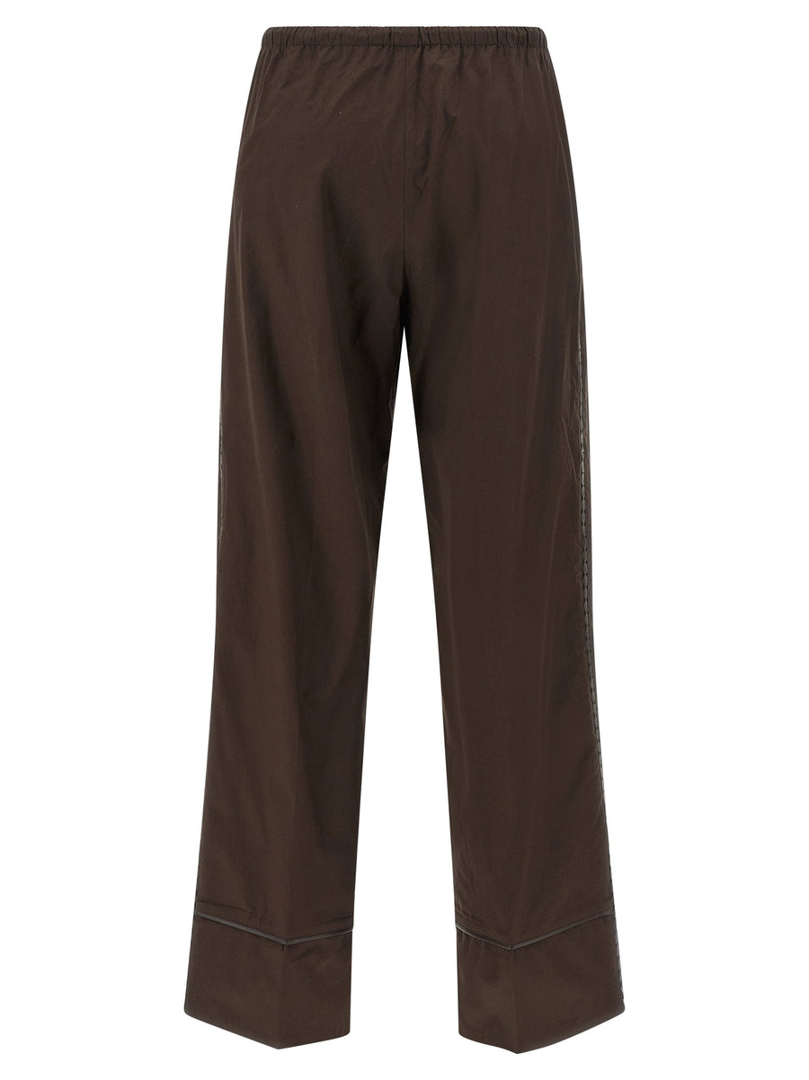 Yves Salomon Leather Insert Pants For Women Featuring Perforated Leather Side Inserts In Brown Cotton Poplin