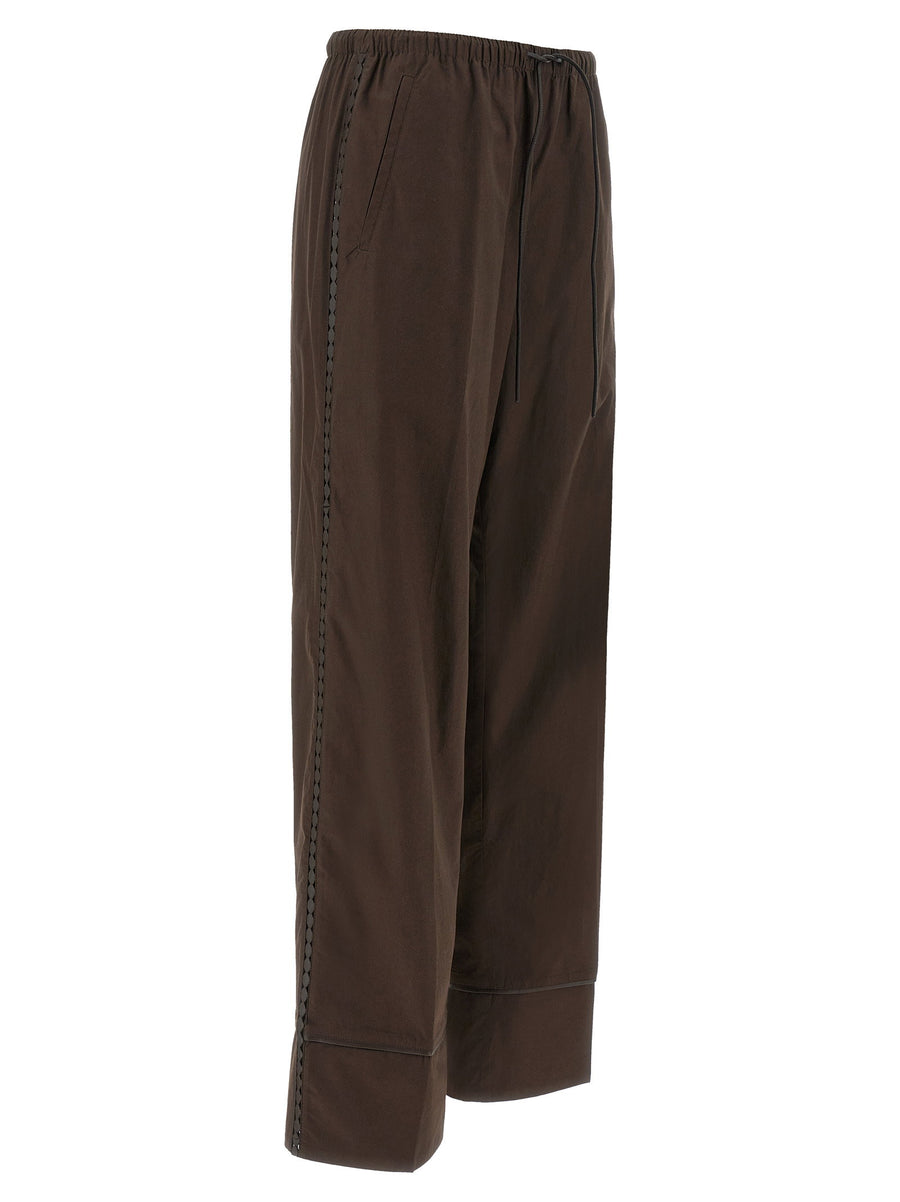Yves Salomon Leather Insert Pants For Women Featuring Perforated Leather Side Inserts In Brown Cotton Poplin