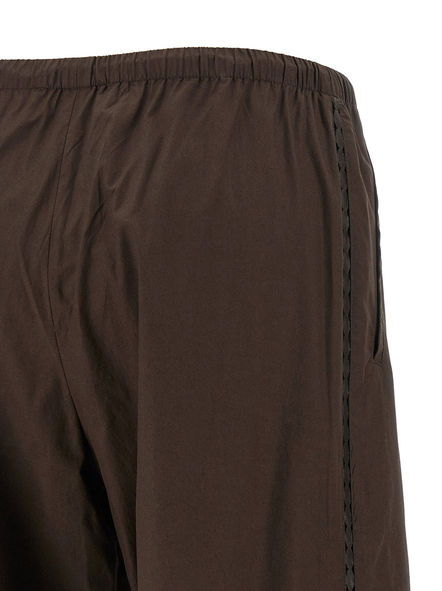 Yves Salomon Leather Insert Pants For Women Featuring Perforated Leather Side Inserts In Brown Cotton Poplin